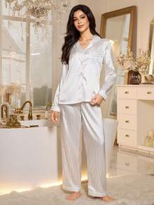 LuxeNights 女士新款奢华条纹刺绣长袖睡衣套装，冬季服装 - 白色 - 查看 5