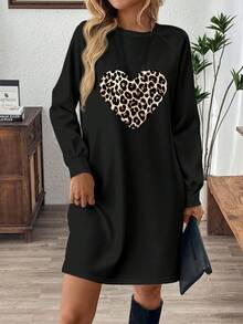 SHEIN LUNE 女士豹纹爱心图案圆领长袖休闲宽松连衣裙 - 白色 - 查看 6