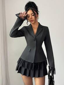 Selianne Women's Suit Fabric Twill Composite Lapel Front Button Closure Pocket Hem Lace Splice Long Sleeve Blazer, Cuff Lace Flare Sleeve, Solid Black, Elegant Vintage French Office Commute Business Casual, Autumn/Winter