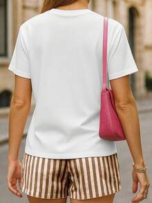 SHEIN 女士休闲印花 T 恤和条纹短裤两件套，夏季 - 咖啡棕 - 查看 2