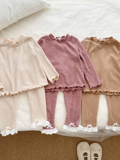 Genkimix Kids 3pcs/Set Girls Knitted Fuzzy Fleece 2-Piece Set, Frill Trim Round Neck Long Sleeve Tee And Floral Trim Bow Decor Pants, Spring/Autumn
