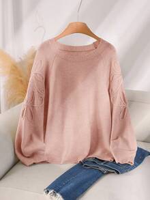CosyJoli Sweater Rajut Longgar Kasual Lengan Raglan Leher Bulat untuk Wanita Ukuran Plus, Warna Pink Musim Gugur/Dingin - Baby Pink - View 1
