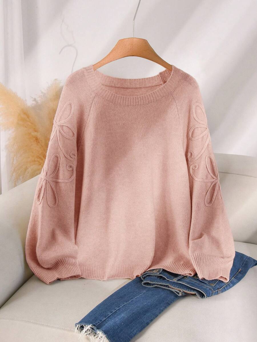 CosyJoli Sweater Rajut Longgar Kasual Lengan Raglan Leher Bulat untuk Wanita Ukuran Plus, Warna Pink Musim Gugur/Dingin - Baby Pink - View 1