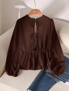 CosyJoli Plus Size Women V-Neck Contrast Lace Tie Back Long Sleeve Loose Blouse Spring - Coffee Brown - View 6