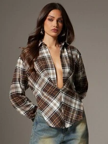 Denimoi 休闲长袖女士扭结前襟低领格子上衣 - 彩色 - 查看 2