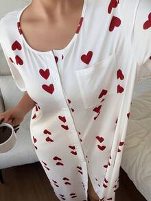 SHEIN Cardigan Motif Hati dengan Kancing, Pakaian Santai Kasual, Ukuran Plus, Gaun Tidur - Putih - View 2