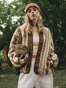 WanderVale 女士休闲复古几何图案前扣羊毛夹克，秋冬款 - 杏色 - 查看 1