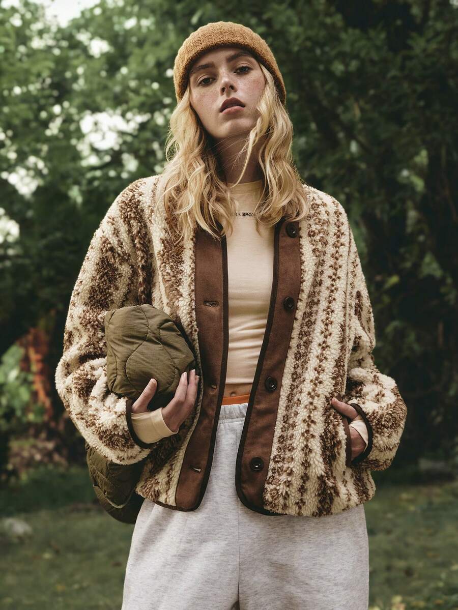 WanderVale 女士休闲复古几何图案前扣羊毛夹克，秋冬款 - 杏色 - 查看 1