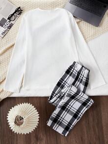 2pcs Men's Casual Loose Comfortable Plaid Pants & Letter Tiger Graphic T-Shirt Pajama Set - Black and White - View 2