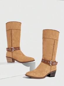 Daringsoles Damstövlar med spetsig tå och nitspänne i trendiga westernstövlar med grov klack - Brun - Visa 3