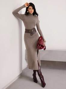 Heiryn Vestido de punto de unicolor con cuello alto, manga larga y bajo con abertura lateral, para otoño/invierno - Camel - Ver 6