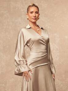 Lumalex Women's Champagne Autumn Elegant Dining Satin Maxi Dress,Old Money Solid Color Shirt Collar Fitted Waist A-Line Long Dress For Banquet Wedding Party - Khaki - View 8