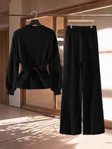 GlowEve 女士优雅纯色针织毛衣和裤子两件套，秋冬季 - 黑色 - 查看 2