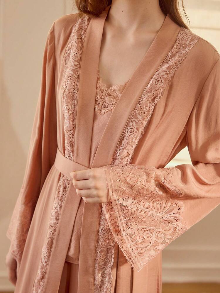 CONTRAST LACE BELTED ELEGANT LONG ROBE