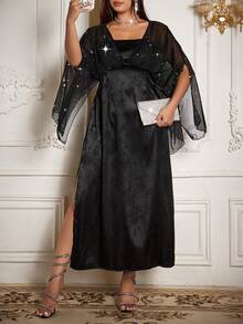 Flirla New Chinese Style Black Elegant Dinner Evening Formal Maxi Dress,Autumn Retro High Waist Patchwork V-Neck Short Sleeve Open Slit Cheongsam - Black - View 6