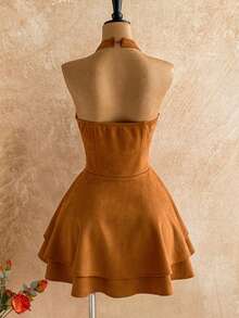 Soleia 新款麂皮V领系带A字迷你连衣裙，波西米亚风，度假风，秋季女装，复古风，假日风 - 棕色 - 查看 2