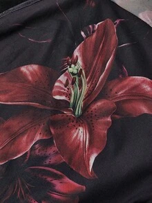 SHEIN MOD 大码女式花卉印花扭花前喇叭袖上衣和鱼尾裙优雅套装，女士秋季服装，秋季女式裙子秋季套装，高挑女装，女士秋季套装，度假装热带花卉两件套 - 彩色 - 查看 3