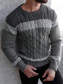 Manfinity Homme Men's Casual Crew Neck Long Sleeve Sweater With Cable Pattern And Contrast Color, Autumn/Winter Mens Jumpers - Multicolor - View 5