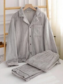 男式休闲撞色边拉链开衫和裤子两件套家居服套装 - 灰色 - 查看 3