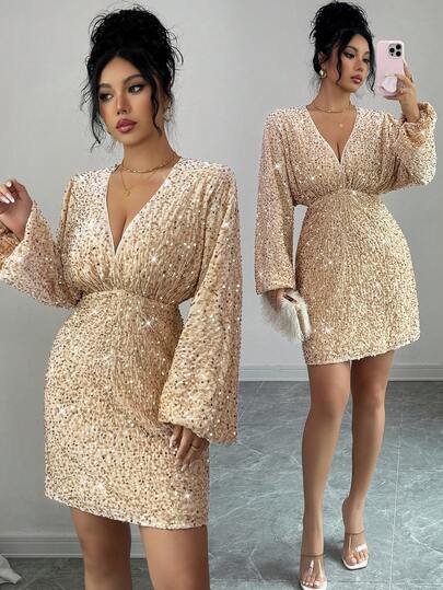 Rafferiza Women's Sequins Embellished Dress, V-Neck, Batwing Sleeve, Pleated Front, Waist Cinched, Long Sleeve Dress, Elegant, Sophisticated, Vintage French, Minimalist, Versatile, Suitable For Halloween, Christmas, Thanksgiving, Afternoon Tea, Parties, Semi-Formal Events, Cocktail Parties, Autumn/Winter