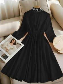 GlowEve Váy chữ A thắt eo thêu cổ cho nữ, thanh lịch và tinh tế, phù hợp để đi làm hàng ngày, công sở, hẹn hò lãng mạn, tiệc tùng, Giáng sinh, tay dài mùa thu/đông - màu đen - Xem 2