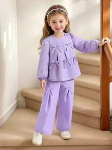 Souflis 2 peças/Conjunto Estilo Francês Vintage Menina Jovem Roxa Laço Decorativo Top + Calça Perna Larga