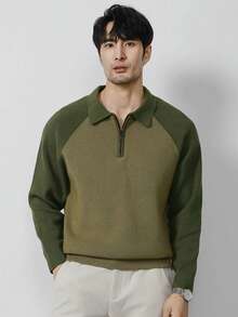 Claim Dot Men's Patchwork Raglan Sleeve Half Zipper Front Casual Sweater, Simple Design, Fall/Winter