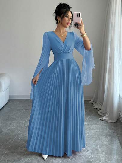 Elenzga V 领褶皱开袖优雅浪漫女式连衣裙长款女装