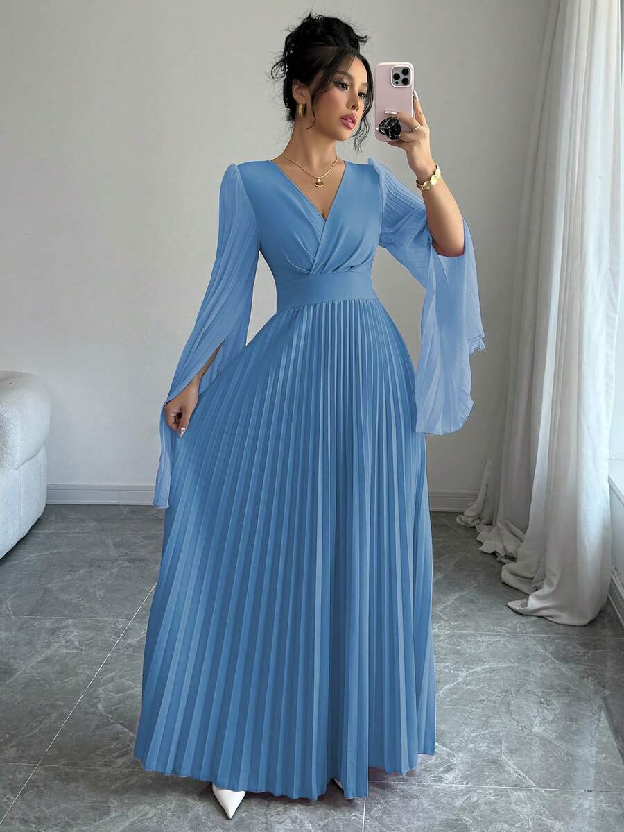 Elenzga Đầm Maxi Nữ Thanh Lịch Lãng Mạn Cổ Chữ V Tay Hở Xếp Ly Trang Phục Nữ - Màu xanh lam - Xem 1