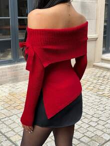 SHEIN Unity Áo len nữ dài tay màu trơn, trễ vai, vạt áo bất đối xứng có nơ trang trí, thích hợp cho mùa thu/đông, áo len chui đầu mùa thu. - Màu Đỏ Sâu - Xem 2