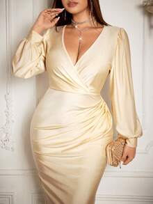 Flirla Đầm dài tay bồng cổ chữ V màu trơn thanh lịch dành cho nữ, dáng suông, dài đến ngang eo, thời trang thu, dự tiệc - Màu be - Xem 6