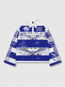 ROMWE MEN Street Life Men's Striped Collar Long Sleeve Printed T-Shirt, Casual College Style Top - Multicolor - View 5