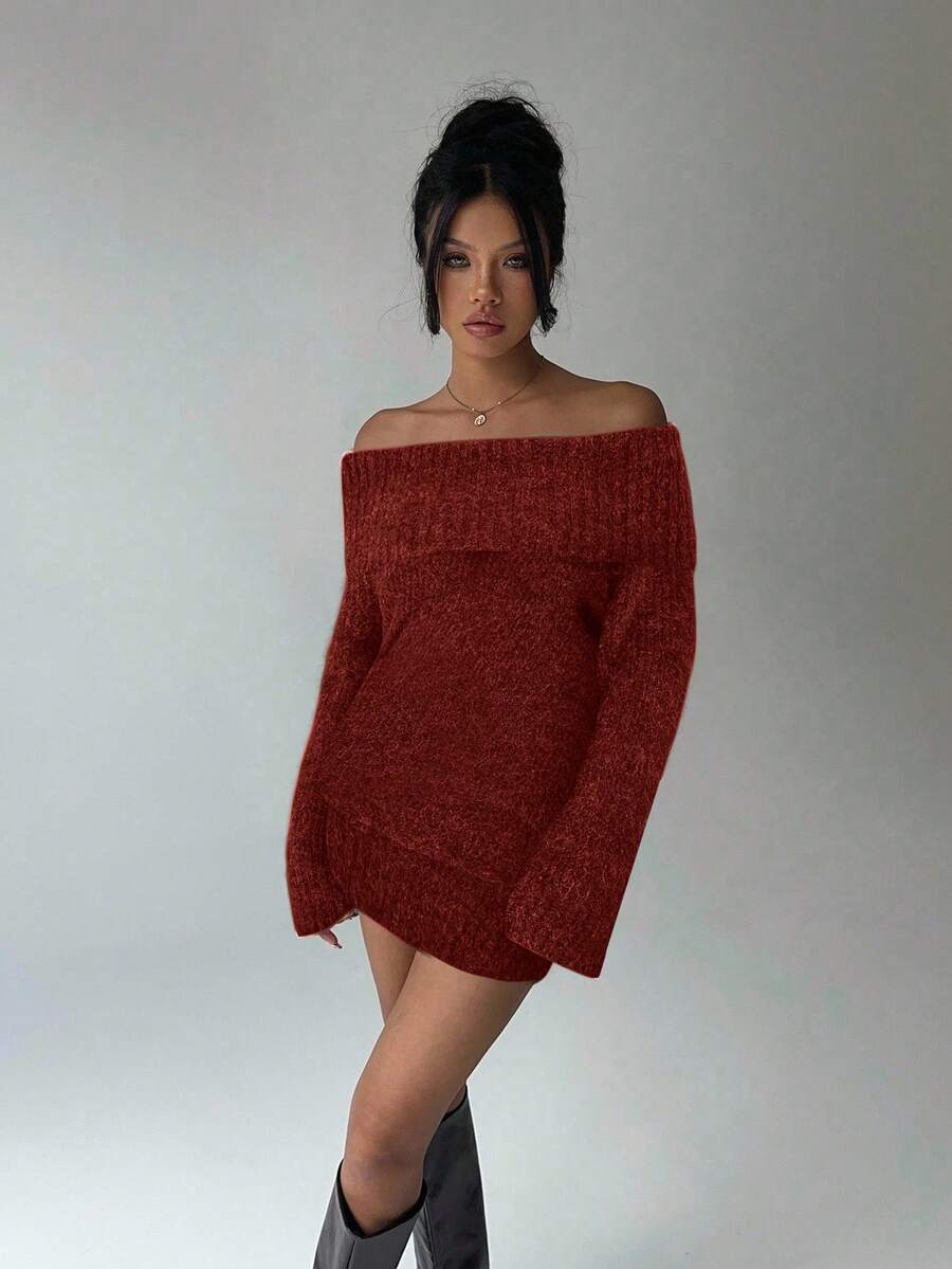Aloruh Grey Off-Shoulder Turtleneck Long Sleeve Mini Dress, Loose Top Tight Bottom, Suitable For Young Ladies, Autumn/Winter - Burgundy - View 1
