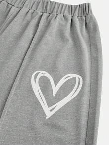 SHEIN Girlism 2件套少女休闲宽松圆领插肩袖印花T恤和褶皱短裤套装，轻薄针织面料，适合日常、返校、度假、户外活动、春季野餐等场合。 - 淺灰色 - 查看 5