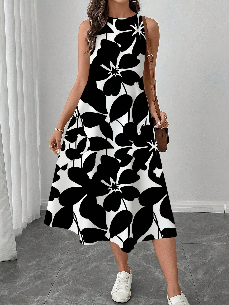 SHEIN LUNE Đầm nữ dáng lửng cổ tròn họa tiết hoa, thích hợp cho mùa xuân/hè, đầm thường ngày thanh lịch cho nữ, đầm mùa thu, đầm họa tiết đen trắng, đầm thường ngày. - Đen và trắng - Xem 1