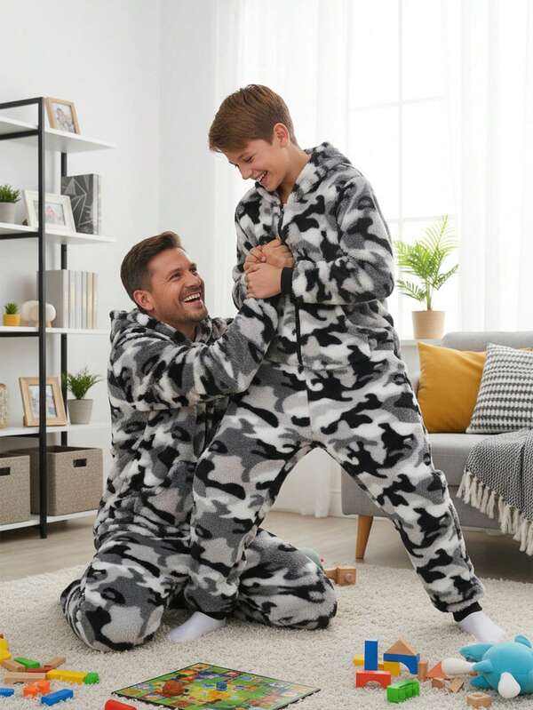 Winter Boys' Camouflage Hooded Zip-Up Fleece Jumpsuit, Comfortable And Stylish, Cozy Home Outfit For Autumn/Winter Boys Lounge Set