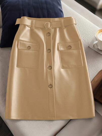 GlowEve Falda de botones frontales de unicolor versátil y elegante para mujer