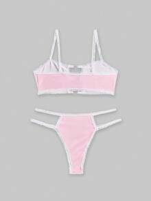 ROMWE Kawaii Cute Rabbit Heart Decor Contrast Trim Lingerie Set - Pink - View 2