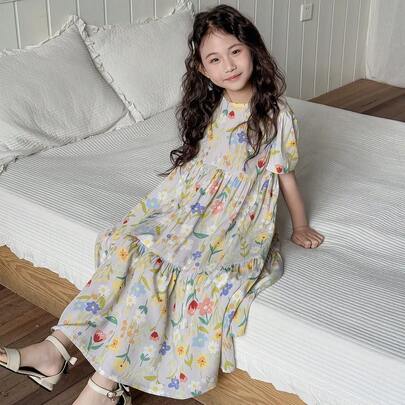10代の女の子用 フローラルプリント 半袖 カジュアルパジャマセット、夏休み