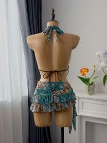 Bellisia 3件套女士花卉荷叶边垂褶领比基尼套装，动物纹印花，侧边系带蝴蝶结，春夏款 - 彩色 - 查看 2