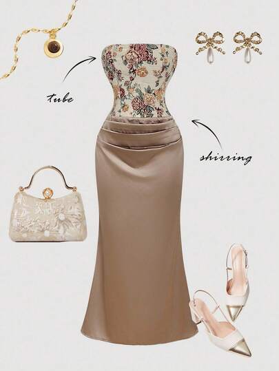 SHEIN MOD Vestido midi elegante sin tirantes con bajo de cola de sirena, plisado, de jacquard con parches florales para mujer