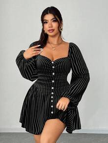 Elenzga Đầm thời trang tay đèn lồng cổ tim kẻ sọc cỡ lớn cho nữ - màu đen - Xem 3
