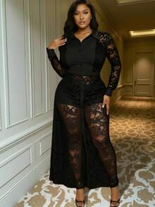 Slaydiva Đầm sơ mi dài tay cài cúc đơn gợi cảm phối ren tương phản dành cho nữ cỡ lớn - màu đen - Xem 1