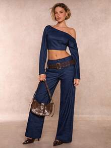 Glamine Fashionable Lady's Elegant And Casual Off-Shoulder Denim-Style Two-Piece Set - Blue - View 5