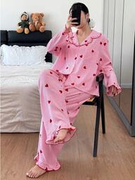 Plus Size Women Mushroom Collar Striped Heart Print Pajama Set, Fall & Winter Clothes