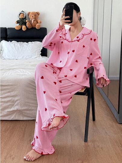 Plus Size Women Mushroom Collar Striped Heart Print Pajama Set, Fall & Winter Clothes