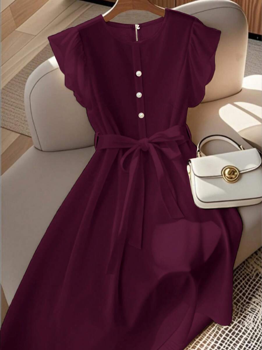 Franclia 优雅法式高端度假通勤百搭圆领短袖弹力腰身珍珠纽扣装饰舒适柔软无弹杏色女士中长连衣裙，春夏款 - Bold Plum - 查看 1