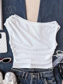 SHEIN 少女白色针织休闲简约纹理面料不对称褶皱短款上衣，适合春夏穿着，休闲百搭，个性风格，日常穿着 - 白色 - 查看 2