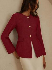 Revavyn 圆领人字纹面料金属纽扣装饰下摆拼接通勤西装外套 - 紅色 - 查看 4