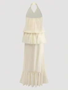 INAWLY Women's Solid Color Halter Elegant Ruffle Hem Maxi Dress - Ivory White - View 2